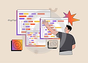 Programmer developer writes codes on special language on computer